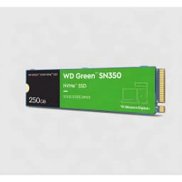 SSD Western Digital Green SN350 250GB M.2 NVMe PCIe 3.0, vista frontal en ángulo: etiqueta verde con logo y conector dorado