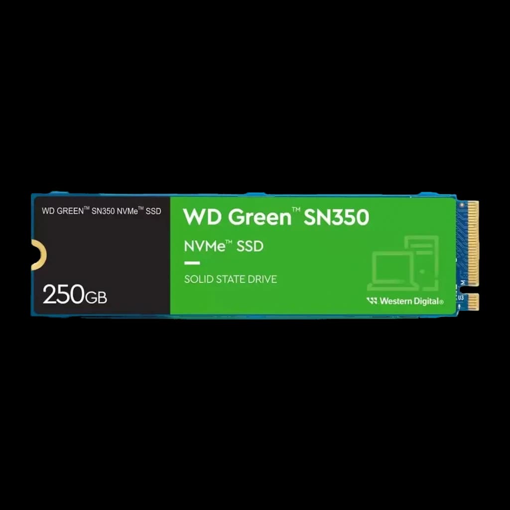 SSD Western Digital Green SN350 250GB M.2 NVMe PCIe 3.0, vista superior: etiqueta verde con logo WD y conector dorado M.2