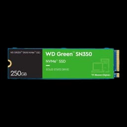 SSD Western Digital Green SN350 250GB M.2 NVMe PCIe 3.0, vista superior: etiqueta verde con logo WD y conector dorado M.2