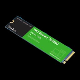 SSD Western Digital Green SN350 250GB M.2 NVMe PCIe 3.0, vista en ángulo: cara superior verde con etiqueta y conector dorado