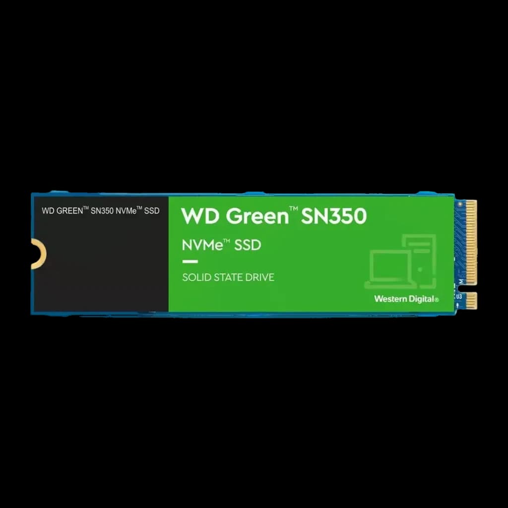 SSD Western Digital Green SN350 250GB M.2 NVMe PCIe 3.0, vista superior: etiqueta verde con logo WD y conector dorado M.2