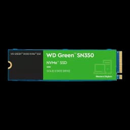 SSD Western Digital Green SN350 250GB M.2 NVMe PCIe 3.0, vista superior: etiqueta verde con logo WD y conector dorado M.2