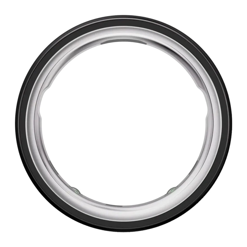 Oura Ring 4 – Anel Inteligente, Tamanho 8, Preto, vista superior: interior do anel com sensores verdes visíveis e acabamento