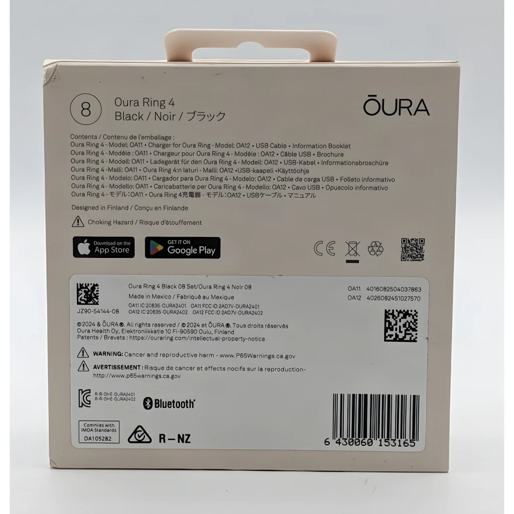 Oura Ring 4 – Anel Inteligente, Tamanho 8, Preto, conteúdo da caixa: verso da embalagem com lista de conteúdos e códigos