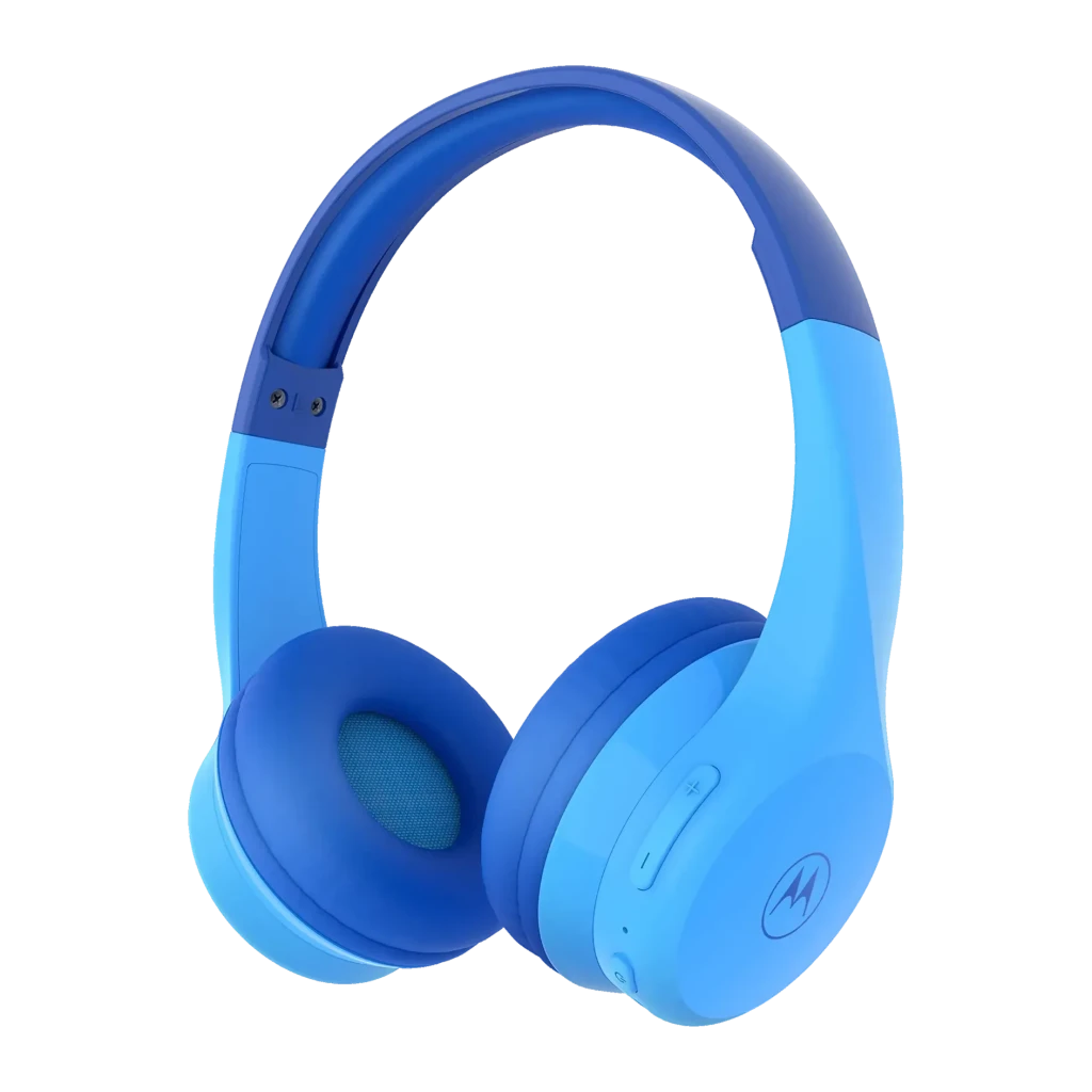 Auriculares Motorola Moto JR300 On-Ear Bluetooth 24h 30mm Driver, vista frontal: diadema y almohadillas azules, logo