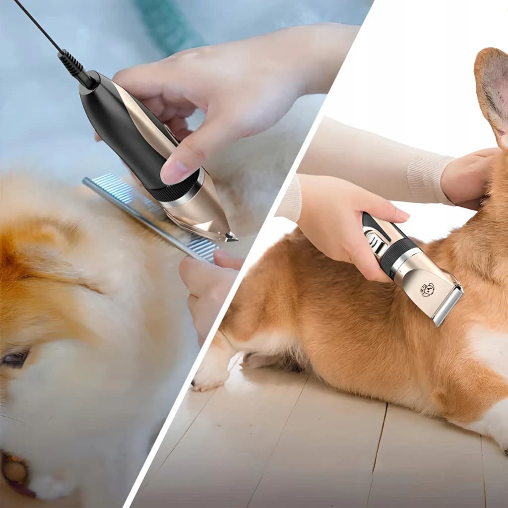 Cortapelos para mascotas Extralink Pets 240min Perros y Gatos EX.25661, uso: dos manos cortando pelo en perro blanco y corgi