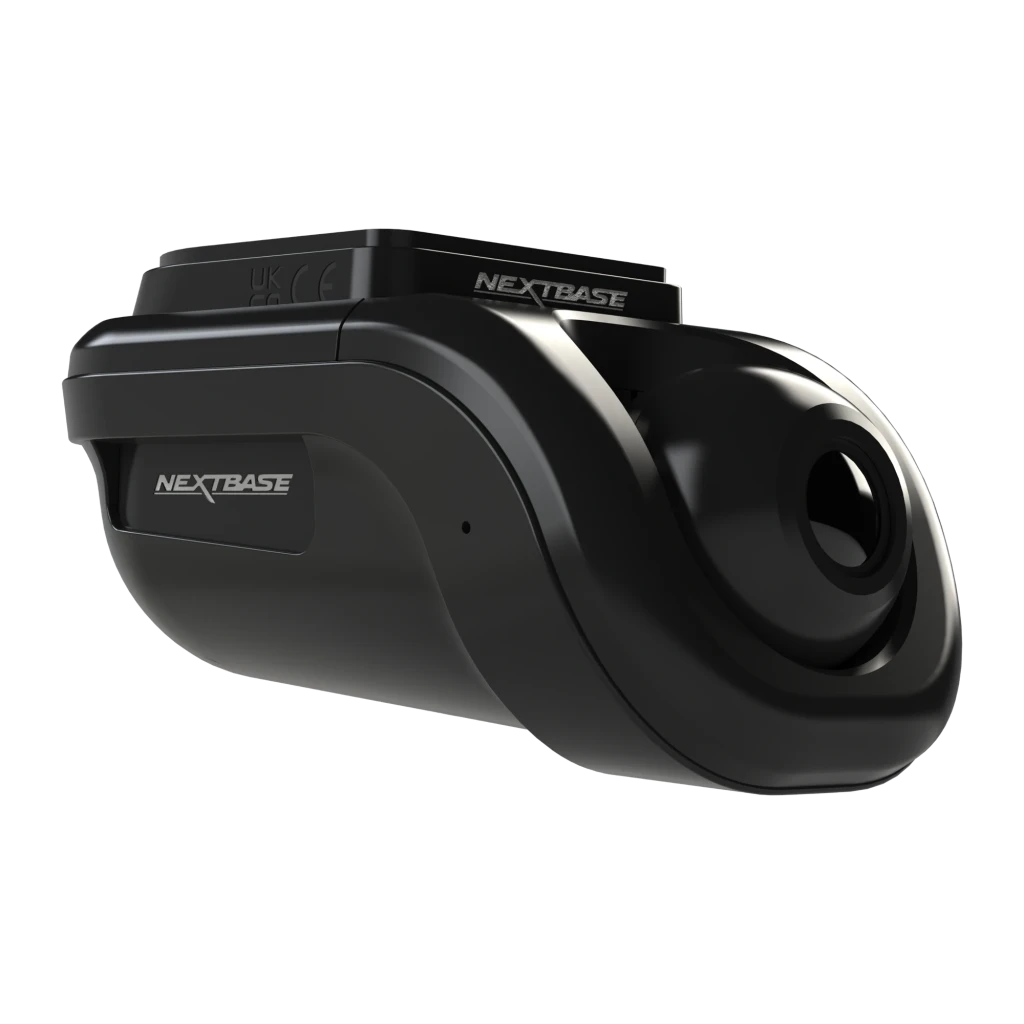 Dashcam Nextbase 385GW Pack Noir 1CH 1080p GPS, vue latérale: corps compact noir avec objectif frontal et logo Nextbase