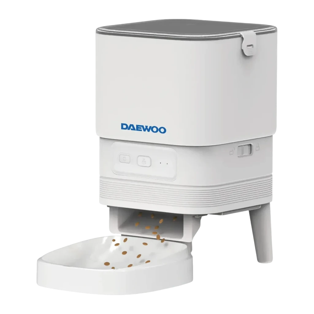Distributeur Automatique Daewoo 4L Gris/Blanc Tuya D-PF13, détail: croquettes tombant dans le bol avec boutons de commande