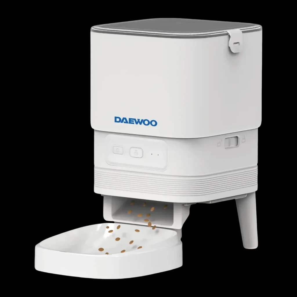 Distributeur Automatique Daewoo 4L Gris/Blanc Tuya D-PF13, détail: croquettes tombant dans le bol avec boutons de commande