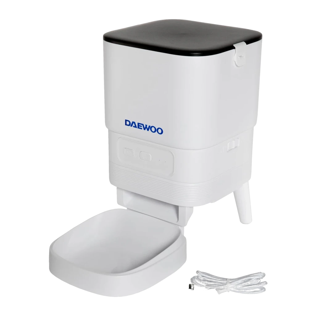 Distributeur Automatique Daewoo 4L Gris/Blanc Tuya D-PF13, vue avant 3/4: couvercle noir, logo bleu, plateau et câble USB