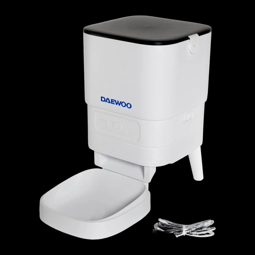 Distributeur Automatique Daewoo 4L Gris/Blanc Tuya D-PF13, vue avant 3/4: couvercle noir, logo bleu, plateau et câble USB