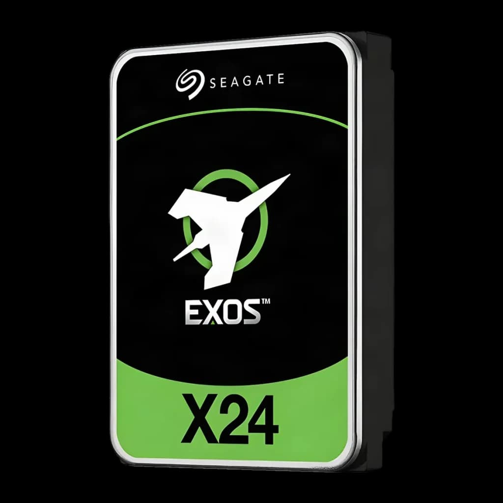 Disco rígido Seagate Exos X24 12TB 3.5 polegadas SATA 7200RPM Preto ST12000NM002H, vista frontal em ângulo: face com logo