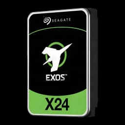 Disco rígido Seagate Exos X24 12TB 3.5 polegadas SATA 7200RPM Preto ST12000NM002H, vista frontal em ângulo: face com logo