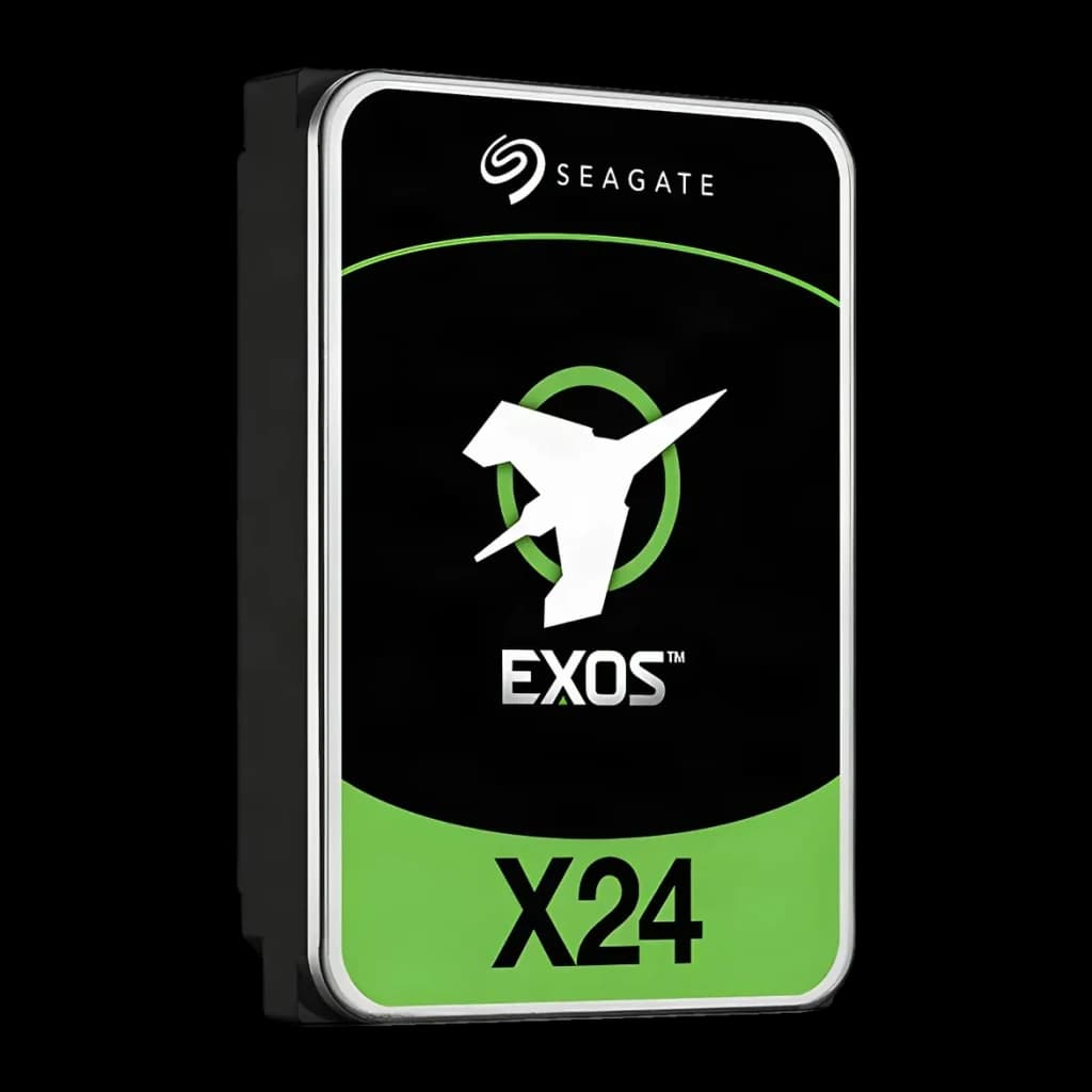 Disco rígido Seagate Exos X24 12TB 3.5 polegadas SATA 7200RPM Preto ST12000NM002H, vista frontal em ângulo: face preta