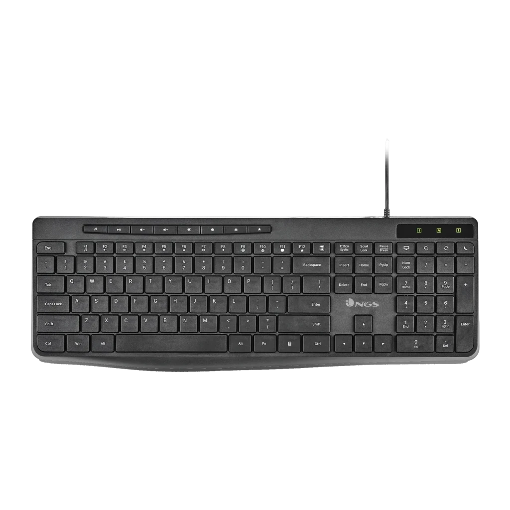 Teclado NGS Spectra Negro USB Español, vista superior: disposición completa con teclado numérico e indicadores LED verdes