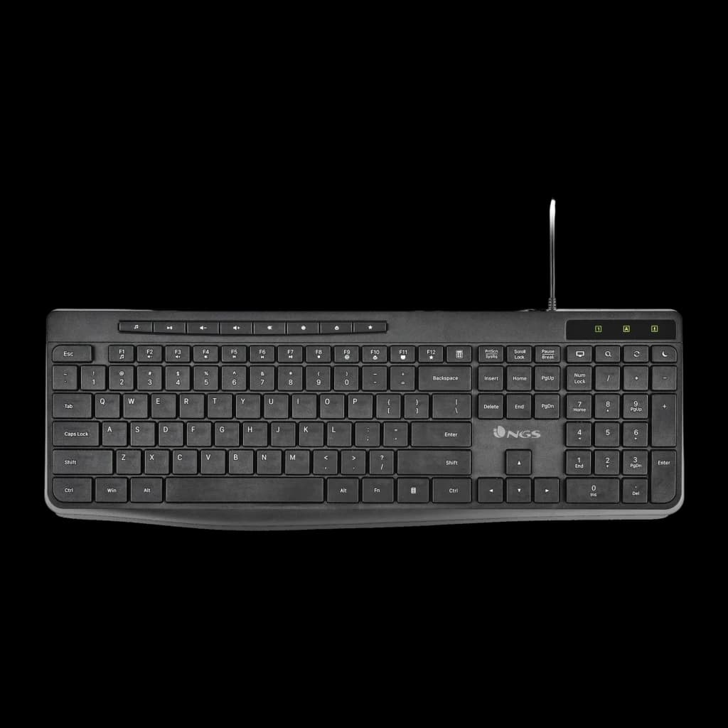 Teclado NGS Spectra Negro USB Español, vista superior: disposición completa con teclado numérico e indicadores LED verdes
