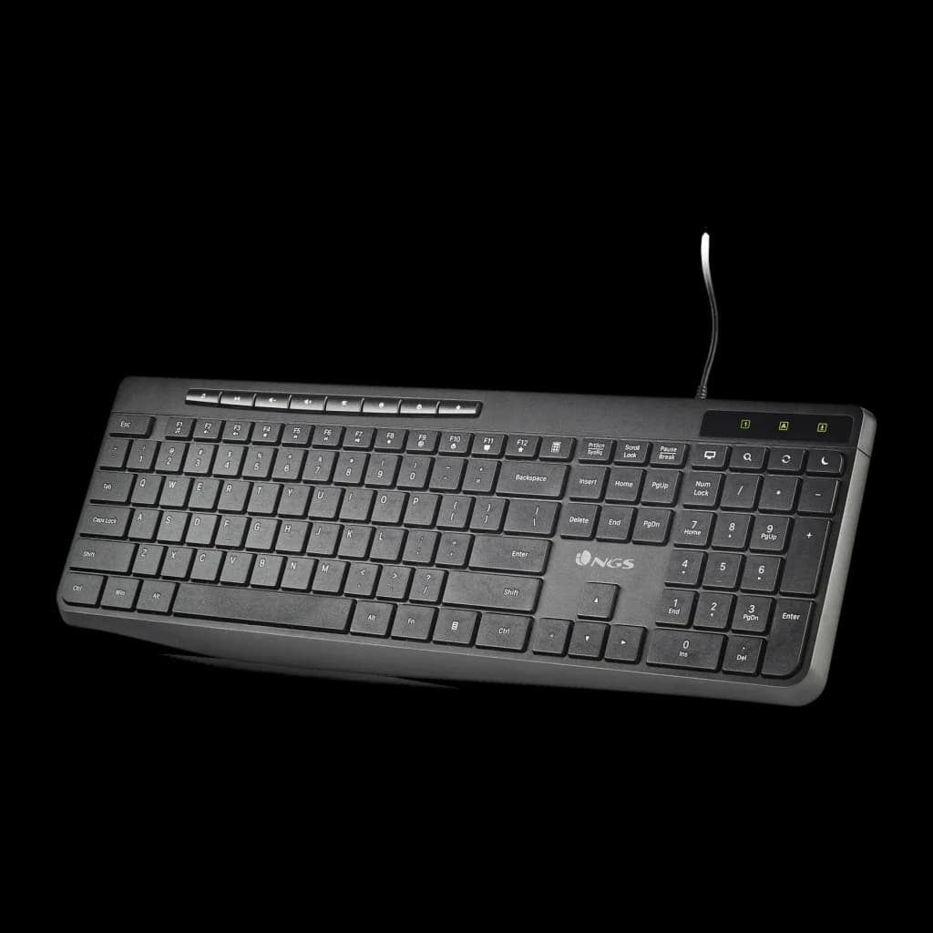 Teclado NGS Spectra Negro USB Español, vista en ángulo: teclas completas, teclado numérico y cable USB visibles