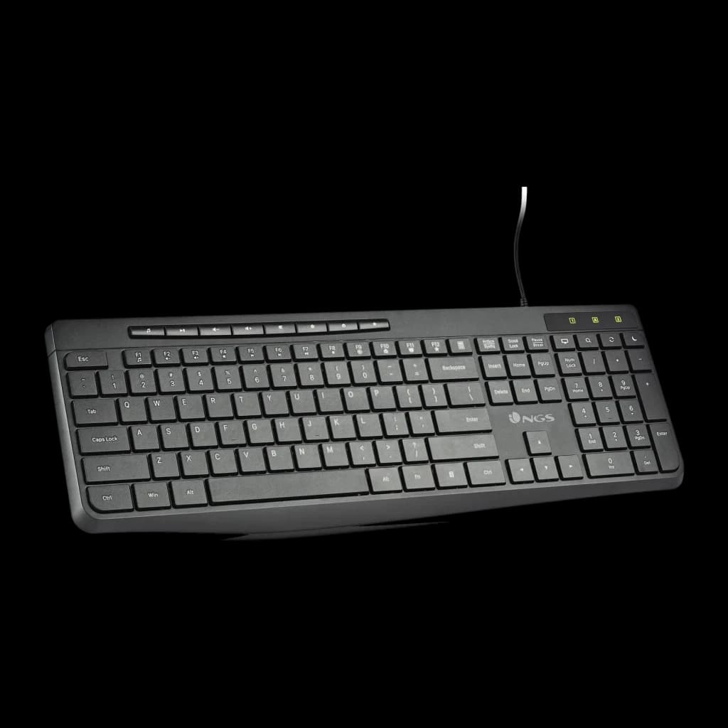 Teclado NGS Spectra Negro USB Español, vista en ángulo: teclado completo con cable USB y teclas de función amarillas