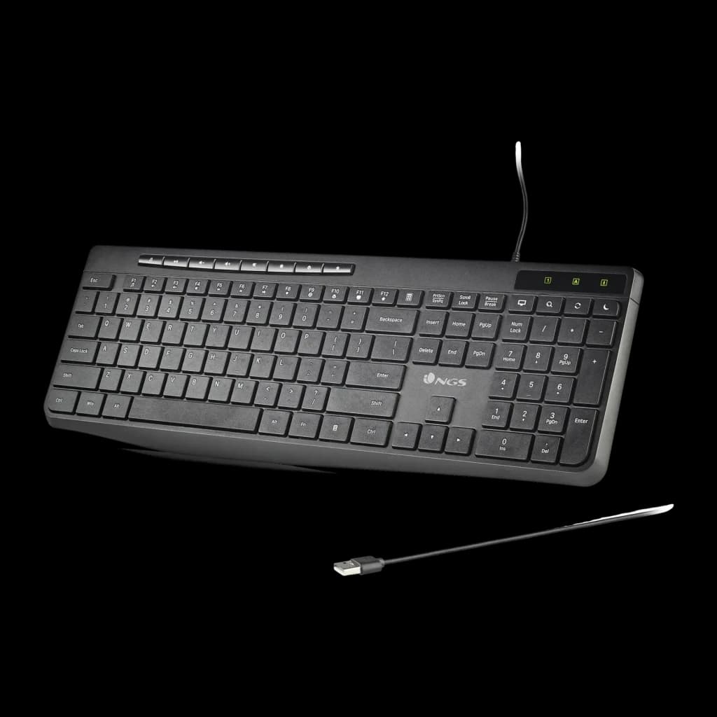 Teclado NGS Spectra Negro USB Español, vista en perspectiva: cable USB separado y teclas numéricas con indicadores LED verdes