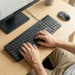 Teclado NGS Spectra Negro USB Español en uso: manos escribiendo sobre escritorio de madera con monitor y ratón NGS
