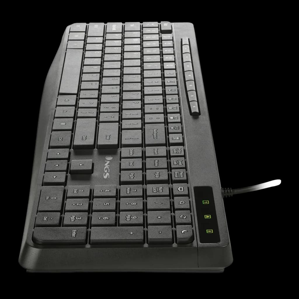 Teclado NGS Spectra Negro USB Español, vista en perspectiva: teclas grises, indicadores LED verdes y cable USB visibles