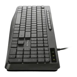 Teclado NGS Spectra Negro USB Español, vista en perspectiva: teclas grises, indicadores LED verdes y cable USB visibles