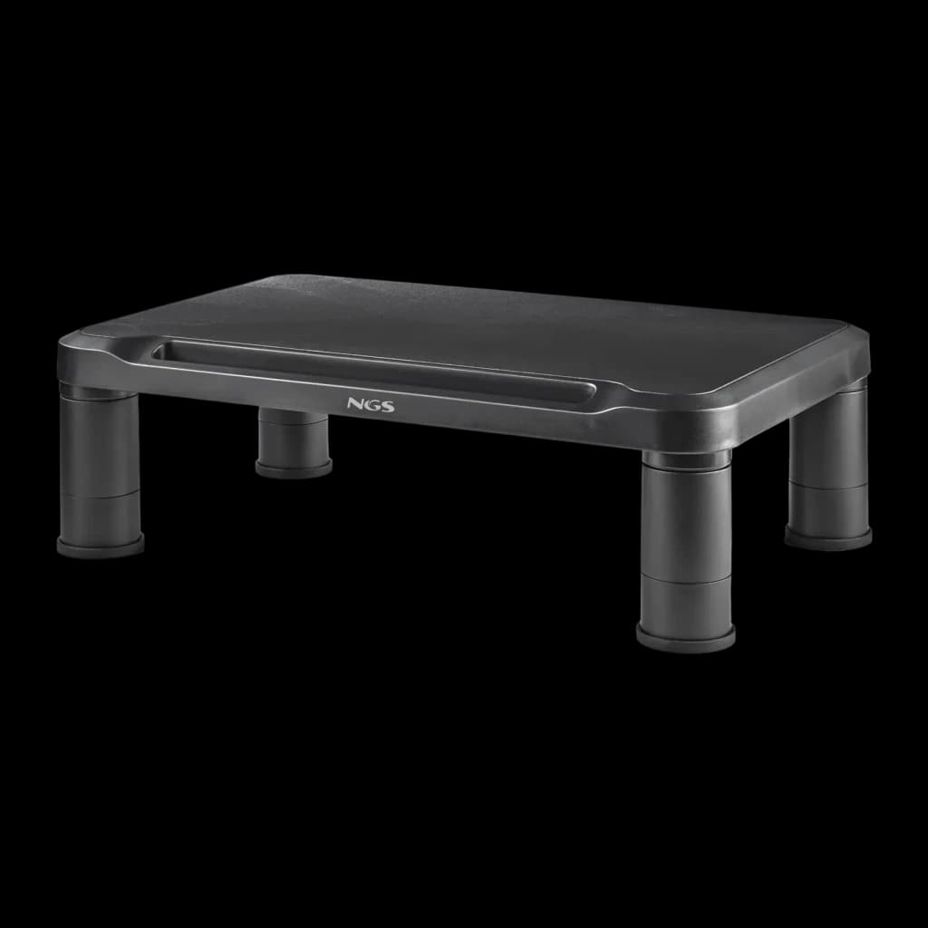 Suporte de Monitor NGS Screen Stand Preto Secretária Independente, vista frontal em ângulo: plataforma retangular com quatro
