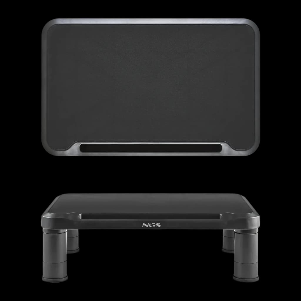 Suporte de Monitor NGS Screen Stand Preto Secretária Independente, vista superior e inferior: plataforma antiderrapante