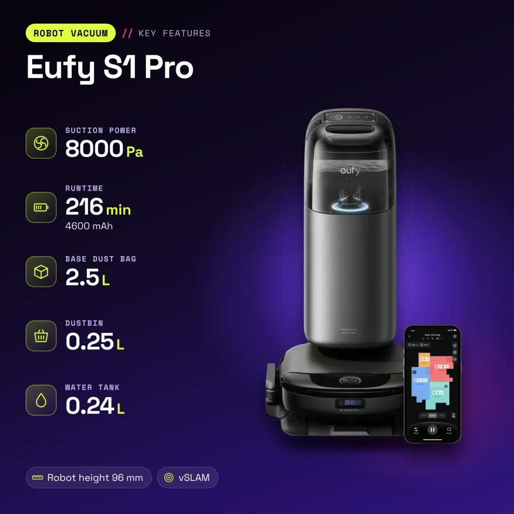 Robot Aspirador Eufy S1 Pro Negro vSLAM Visual Friegasuelos Autovaciado 8000Pa - características
