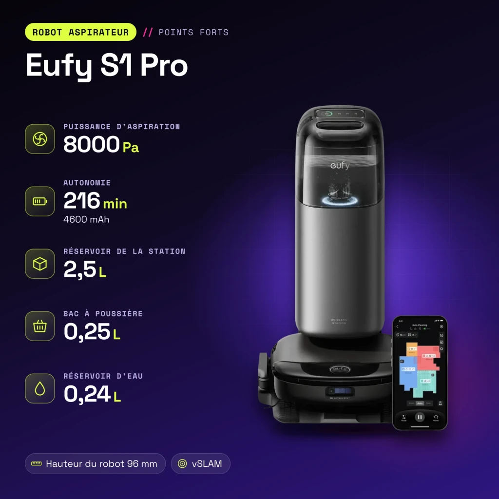 Robot Aspirador Eufy S1 Pro Negro vSLAM Visual Friegasuelos Autovaciado 8000Pa - características