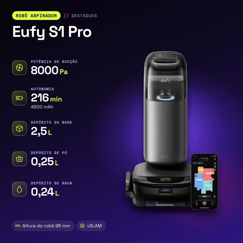Robot Aspirador Eufy S1 Pro Negro vSLAM Visual Friegasuelos Autovaciado 8000Pa - características