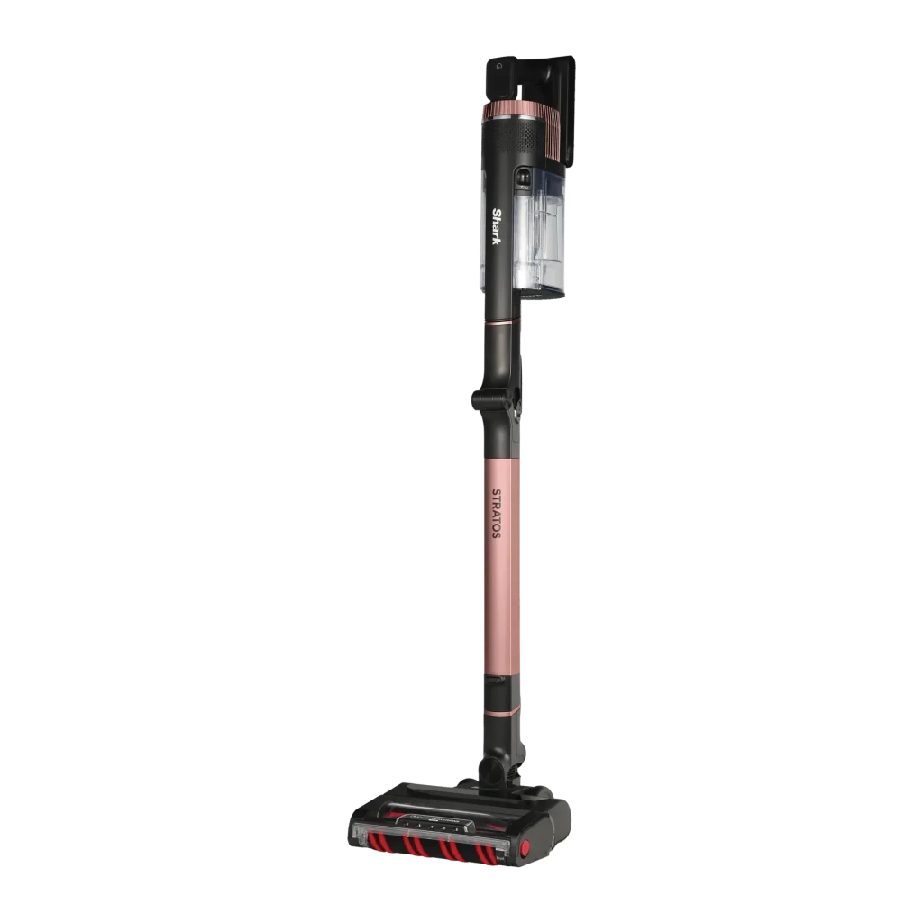 Aspiradora Escoba Shark Stratos Negro Sin Cable 60min IZ400EU, vista lateral: tubo rosa dorado con logo Stratos, depósito