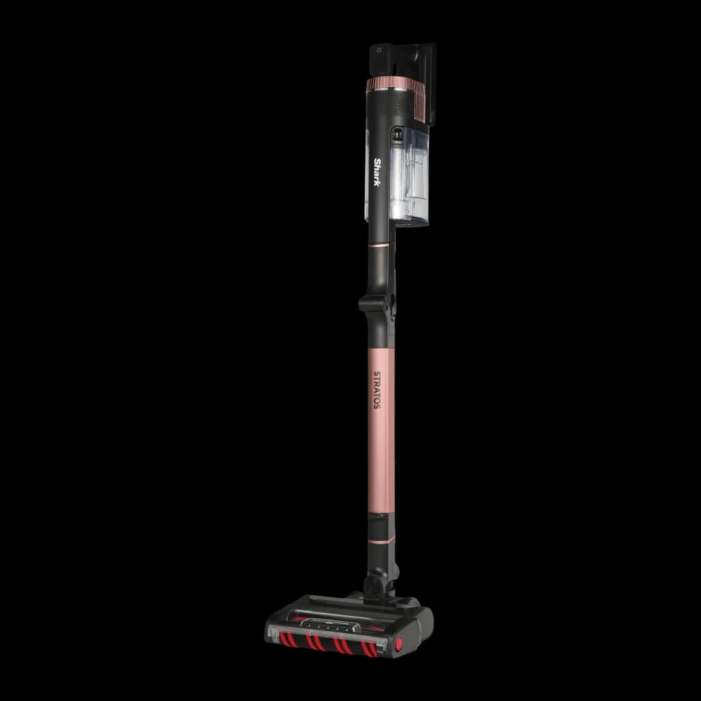 Aspiradora Escoba Shark Stratos Negro Sin Cable 60min IZ400EU, vista lateral: tubo rosa dorado con logo Stratos, depósito