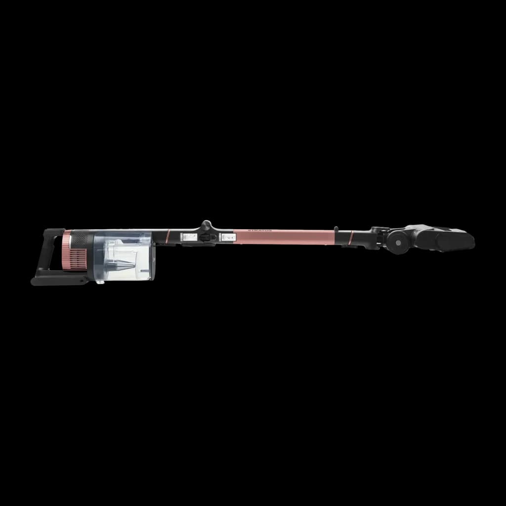 Aspiradora Escoba Shark Stratos Negro Sin Cable 60min IZ400EU, vista lateral: tubo rosa extendido, depósito transparente