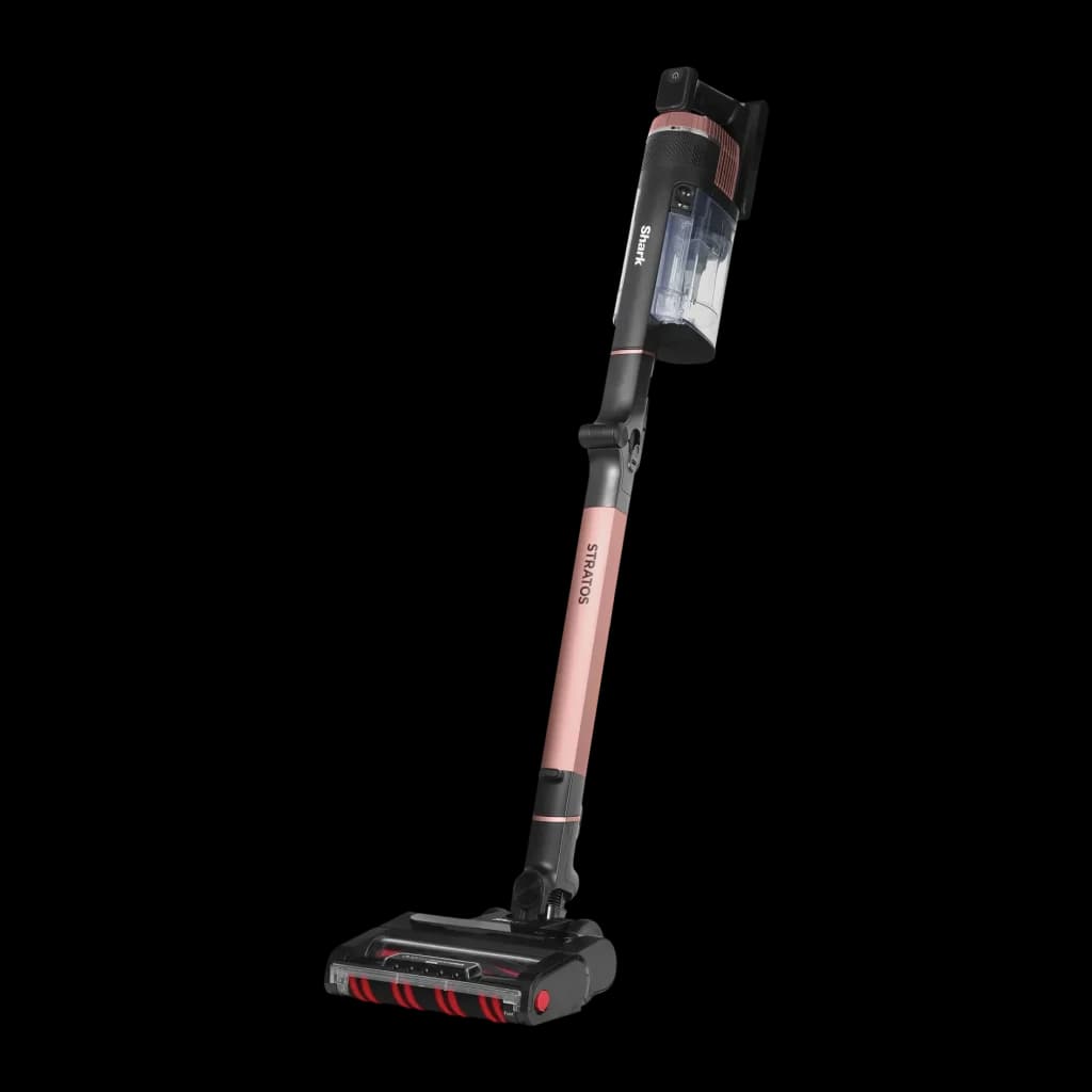 Aspiradora Escoba Shark Stratos Negro Sin Cable 60min IZ400EU, vista lateral: tubo rosa con logo Stratos, depósito
