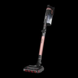 Aspiradora Escoba Shark Stratos Negro Sin Cable 60min IZ400EU, vista lateral: tubo rosa con logo Stratos, depósito