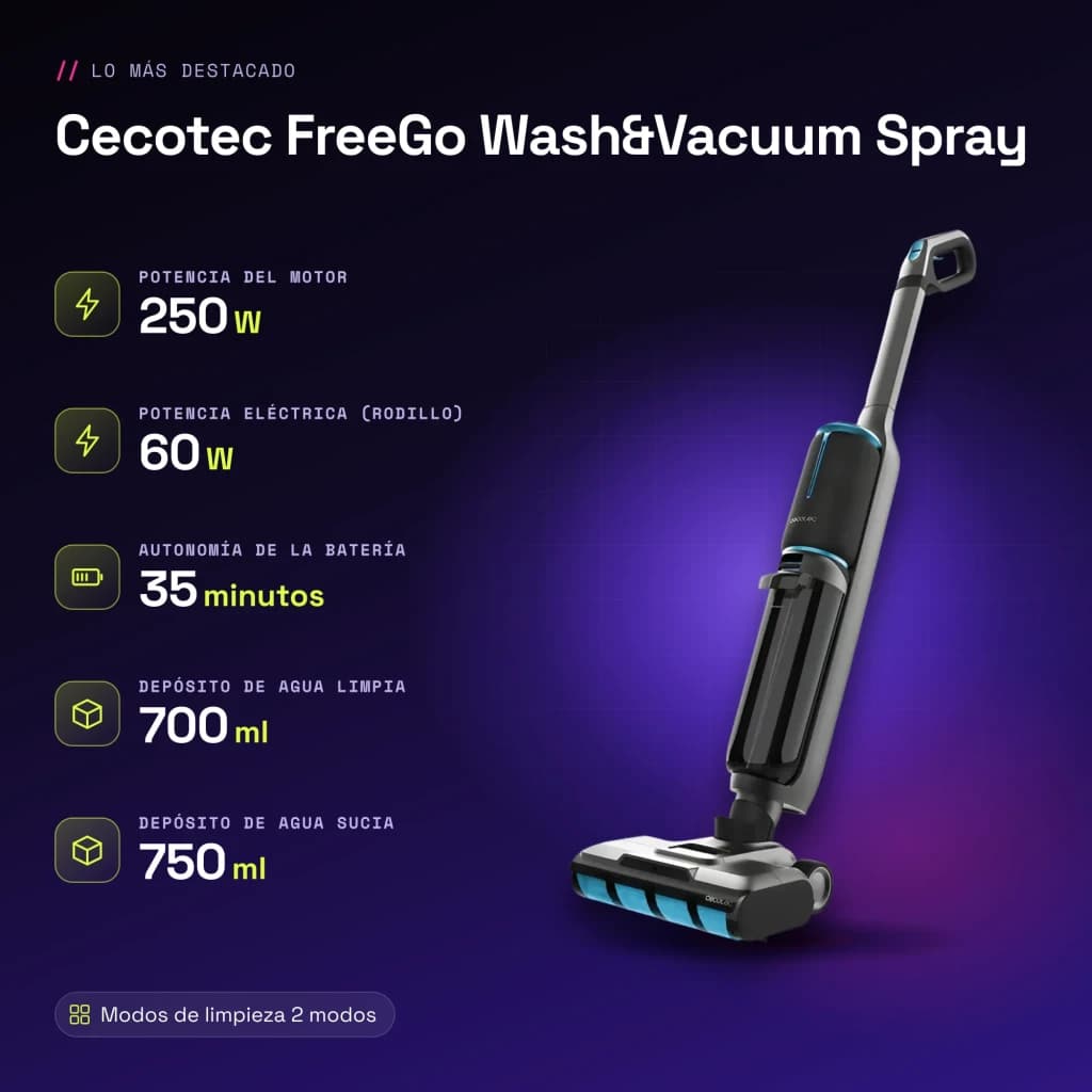 Aspirador Esfregona Cecotec FreeGo Wash&Vacuum Spray Sem Fios 250W 35min - características