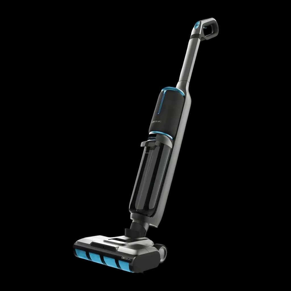 Aspirador Esfregona Cecotec FreeGo Wash&Vacuum Spray Sem Fios 250W 35min, vista lateral: corpo cinzento e preto com detalhes
