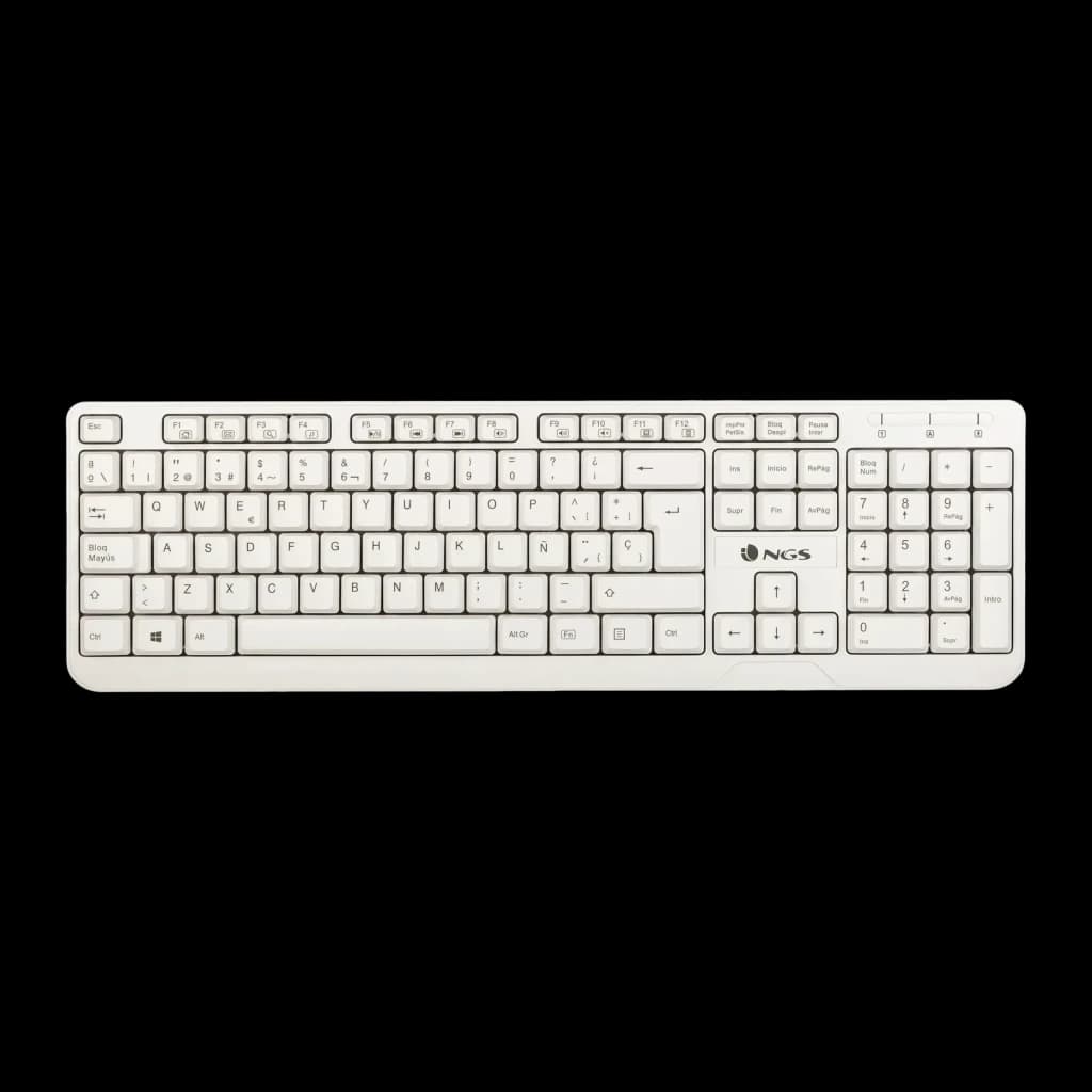 Teclado NGS Spike Branco USB Espanhol, vista superior: disposição completa com teclado numérico e tecla Ñ