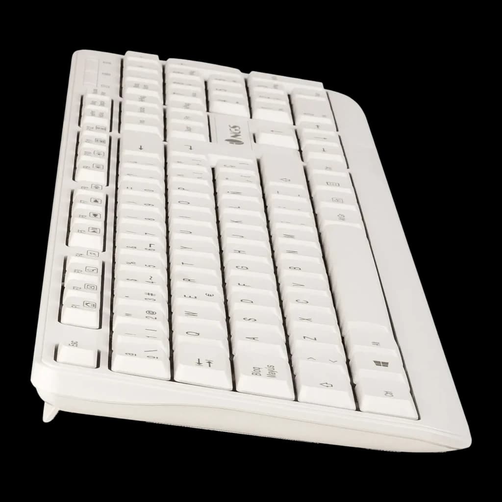 Teclado NGS Spike Branco USB Espanhol, vista lateral em perspectiva: teclas brancas com logo NGS e pés de inclinação visíveis