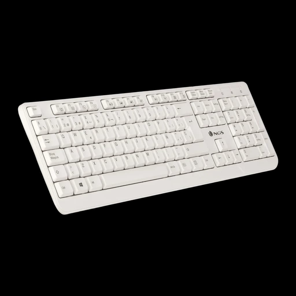Teclado NGS Spike Branco USB Espanhol, vista em ângulo: disposição completa das teclas e logótipo NGS visível
