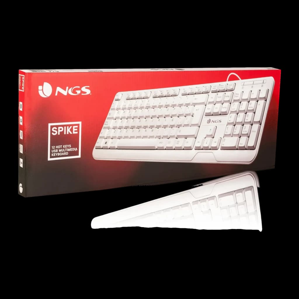 Teclado NGS Spike Branco USB Espanhol, caixa e produto: embalagem vermelha com teclado sobre ela e vista traseira