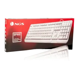 Teclado NGS Spike Branco USB Espanhol, caixa e produto: embalagem vermelha com teclado sobre ela e vista traseira