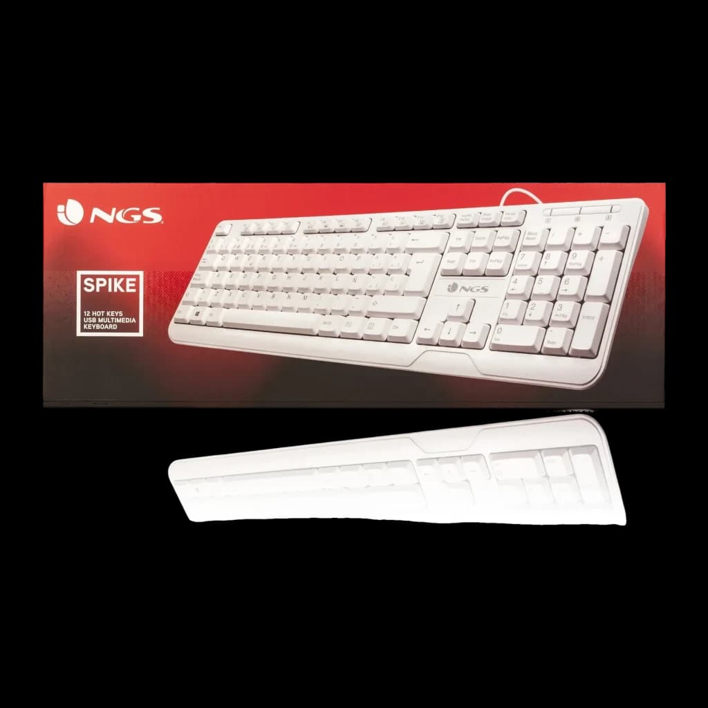 Teclado NGS Spike Branco USB Espanhol, caixa e apoio de pulso: embalagem vermelha com teclado e acessório branco