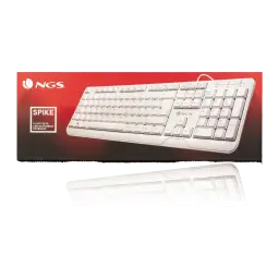 Teclado NGS Spike Branco USB Espanhol, caixa e apoio de pulso: embalagem vermelha com teclado e acessório branco