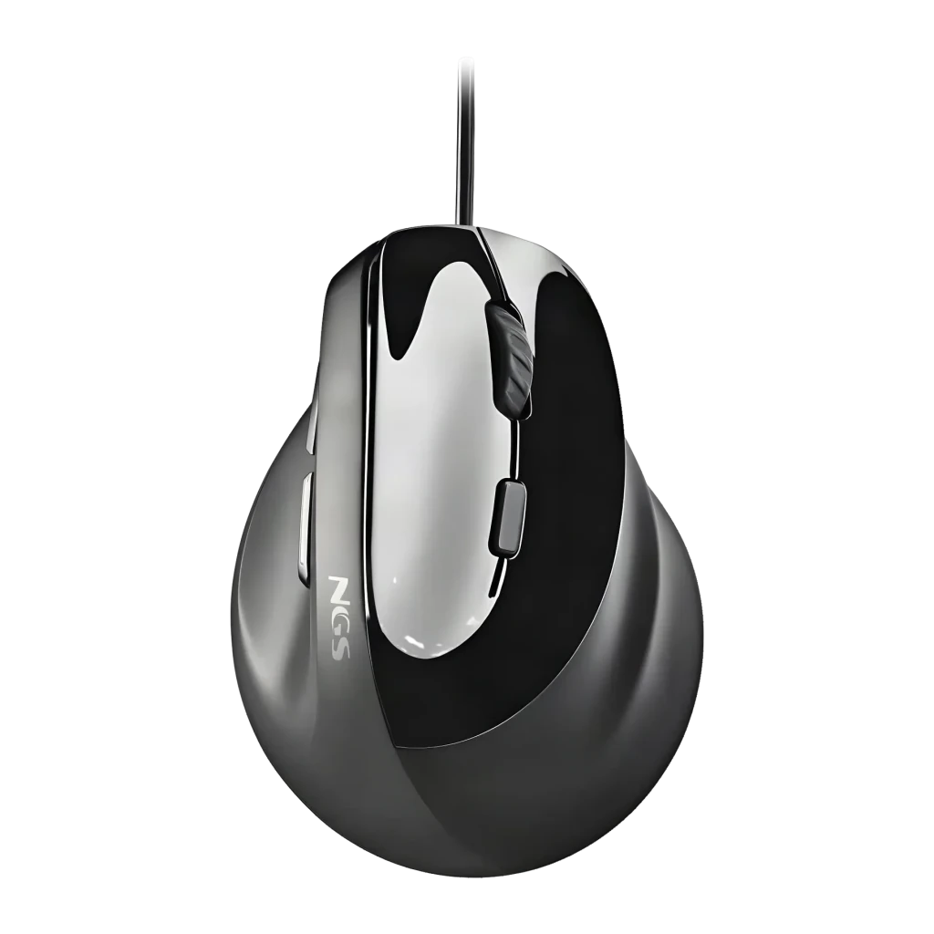 Ratón NGS Samsara 3200 DPI Negro, vista superior: diseño ergonómico con acabado plateado y negro, rueda y botones laterales