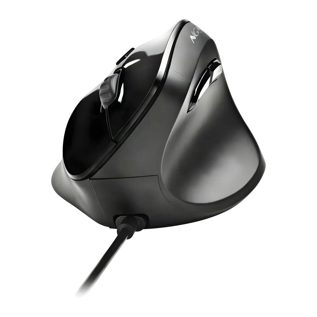 Ratón NGS Samsara 3200 DPI Negro, vista lateral: diseño ergonómico vertical con cable y botones laterales visibles