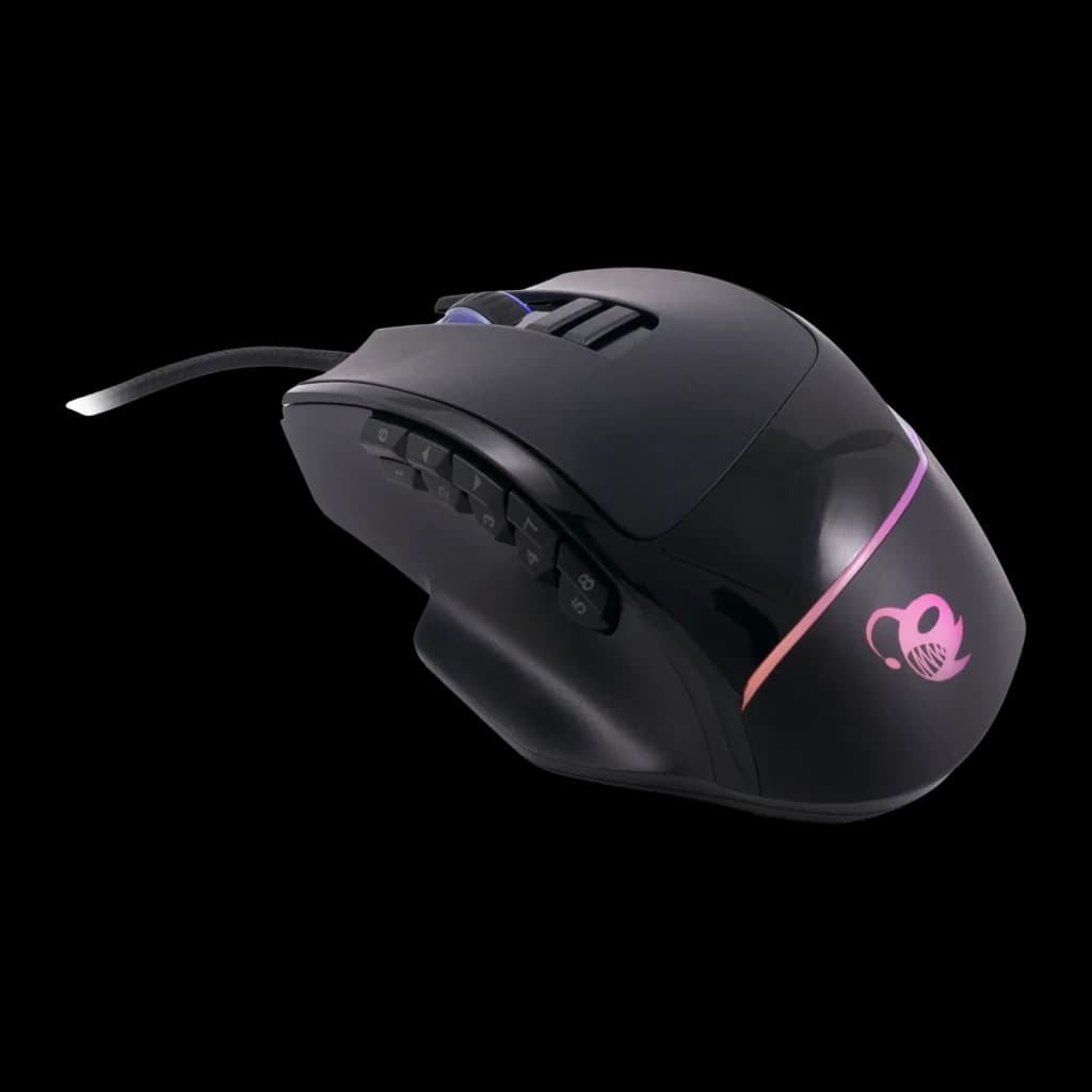 Ratón Gaming Deep Gaming Pro-Swap 5000 DPI RGB Negro, vista lateral-superior: botones laterales, iluminación RGB rosa y logo