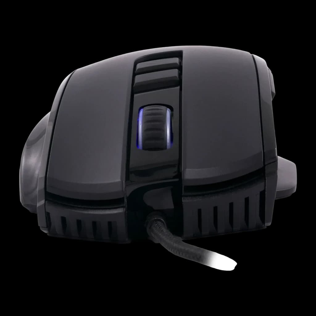 Ratón Gaming Deep Gaming Pro-Swap 5000 DPI RGB Negro, vista frontal-lateral: rueda con iluminación azul y cable trenzado
