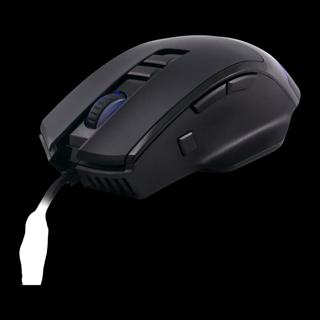 Ratón Gaming Deep Gaming Pro-Swap 5000 DPI RGB Negro, vista lateral: rueda con luz azul, botones laterales y cable trenzado